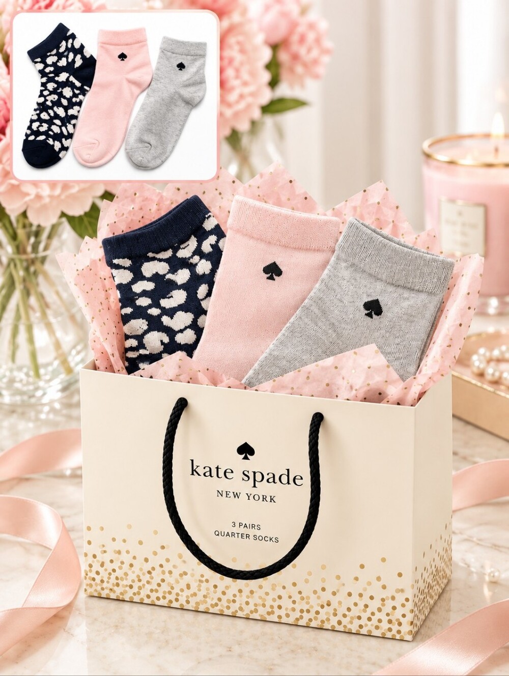 KATE SPADE New York 3 Pair Quarter Socks NWT Size 4-10 Luxury Cotton Blend